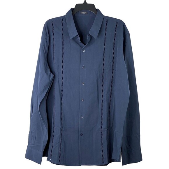 Coofandy Mens Sz XL Casual Button Down Long Sleeve Stretch Navy Resort Shirt New - Picture 1 of 10